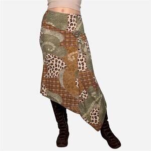 Asymmetrical green brown midi patchwork Y2K boho whimsy - fits like large